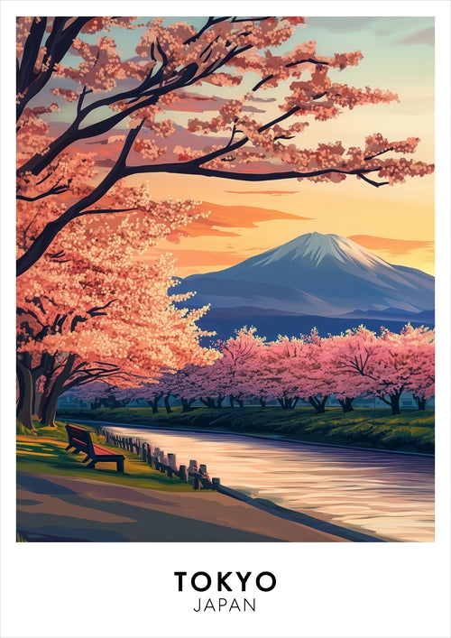 Tokyo Poster Wall Art – Japan Travel Print, Cherry Blossom Mount Fuji Landscape Decor