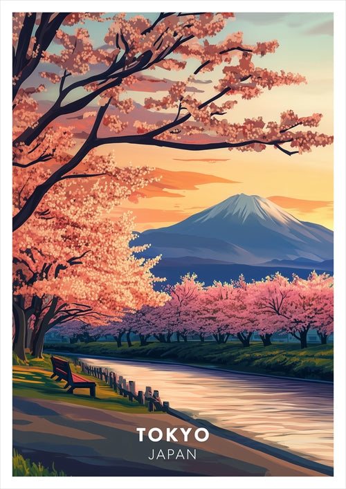 Tokyo Poster Wall Art – Japan Travel Print, Cherry Blossom Mount Fuji Landscape Decor