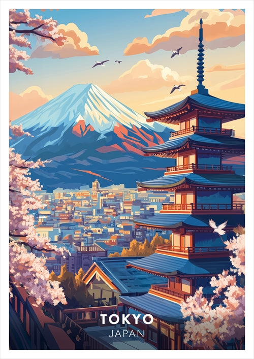 Tokyo Japan Poster – Mount Fuji & Cherry Blossom Travel Print Wall Art Decor