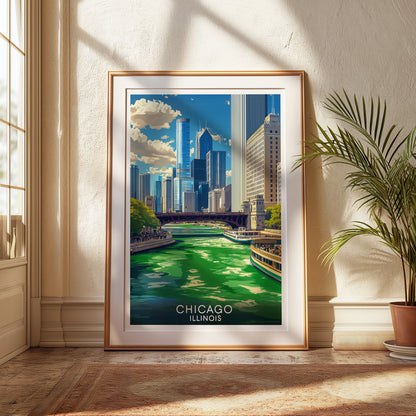 Chicago St. Patrick's Day Poster – Green Dyed River Vintage Cityscape Wall Art Print