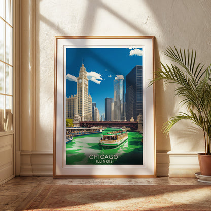 Chicago Green River St. Patrick's Day Travel Poster | Vintage Cityscape Wall Art Print