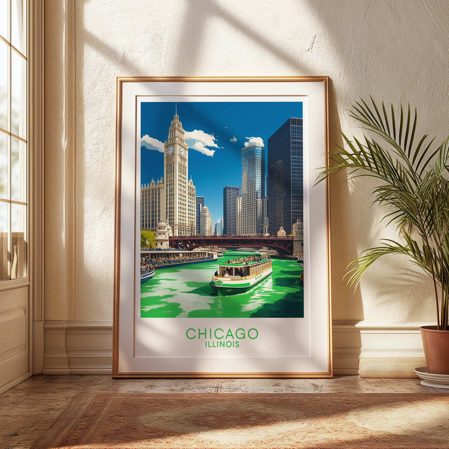 Chicago Green River St. Patrick’s Day Poster – Vintage Cityscape Wall Art Print