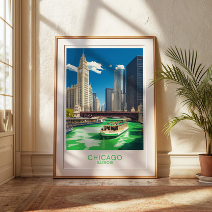 Chicago Green River St. Patrick’s Day Poster – Vintage Cityscape Wall Art Print