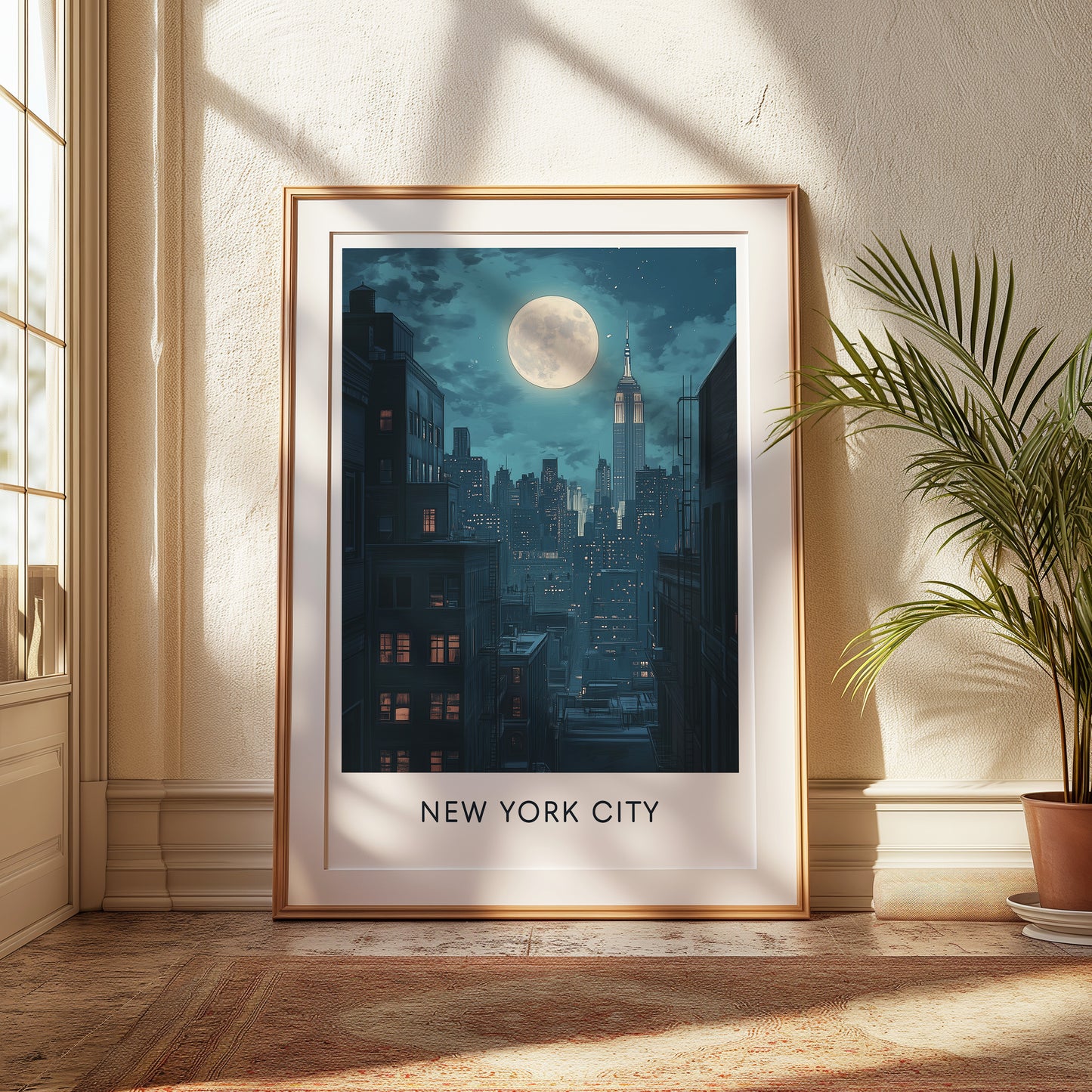 New York City Night Poster — Vintage Moonlit Skyline Wall Art for Urban & Travel Decor