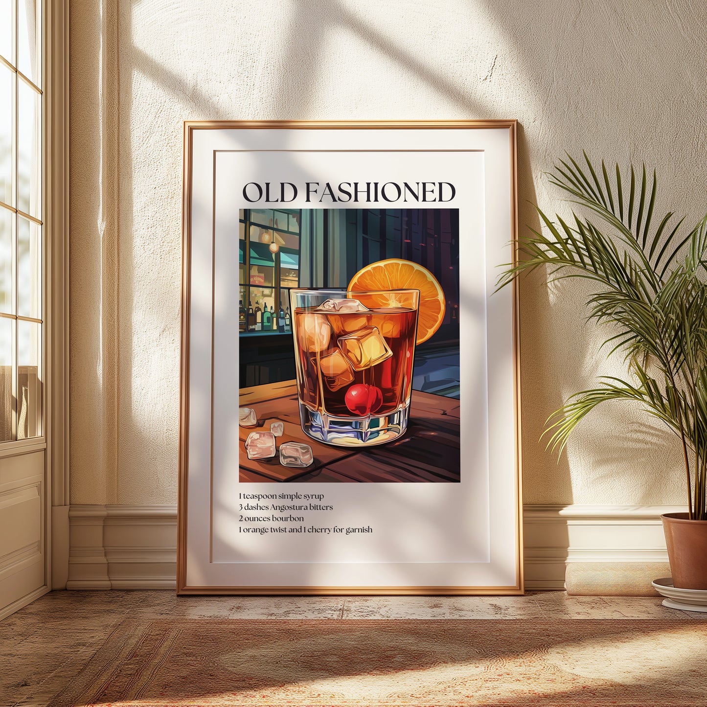 Old Fashioned Cocktail Poster — Classic Drink Recipe Wall Art Print for Bar & Kitchen