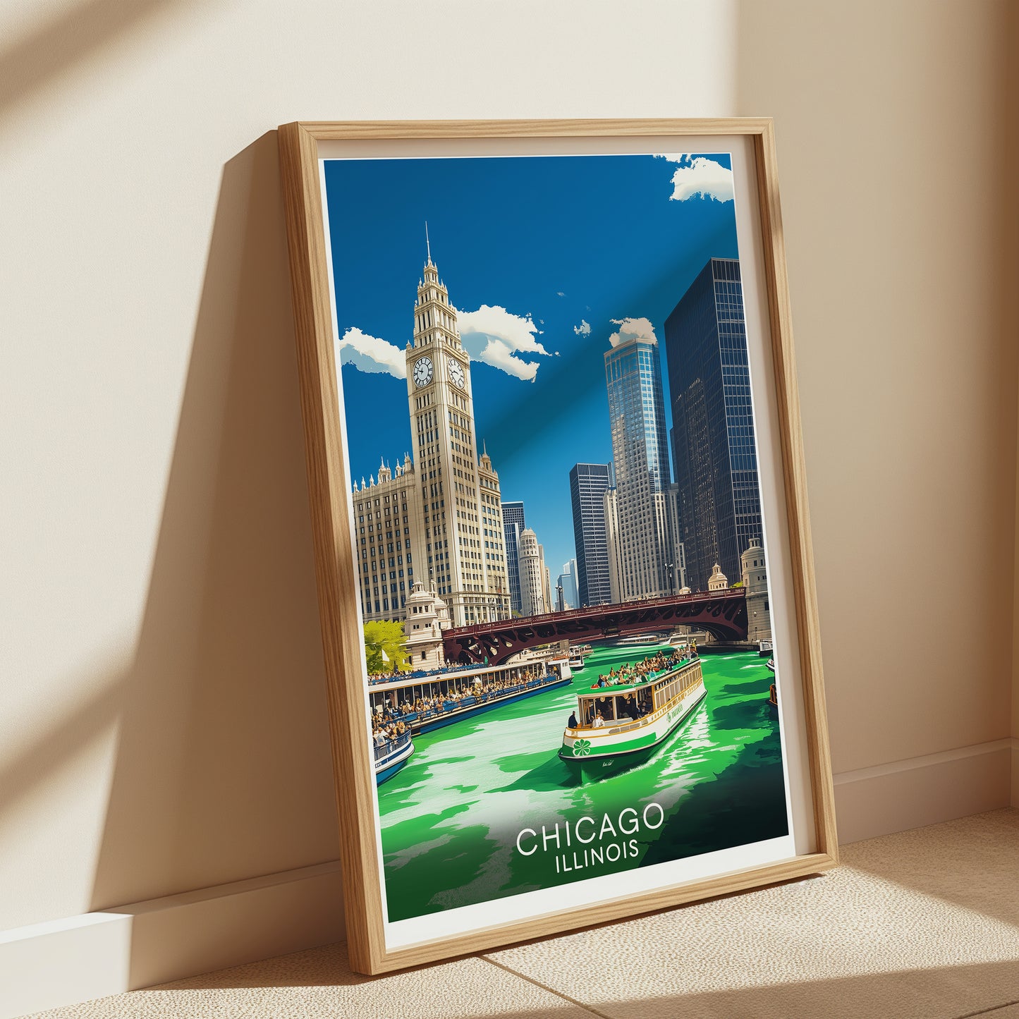 Chicago Green River St. Patrick's Day Travel Poster | Vintage Cityscape Wall Art Print