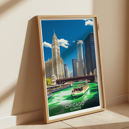 Chicago Green River St. Patrick's Day Travel Poster | Vintage Cityscape Wall Art Print