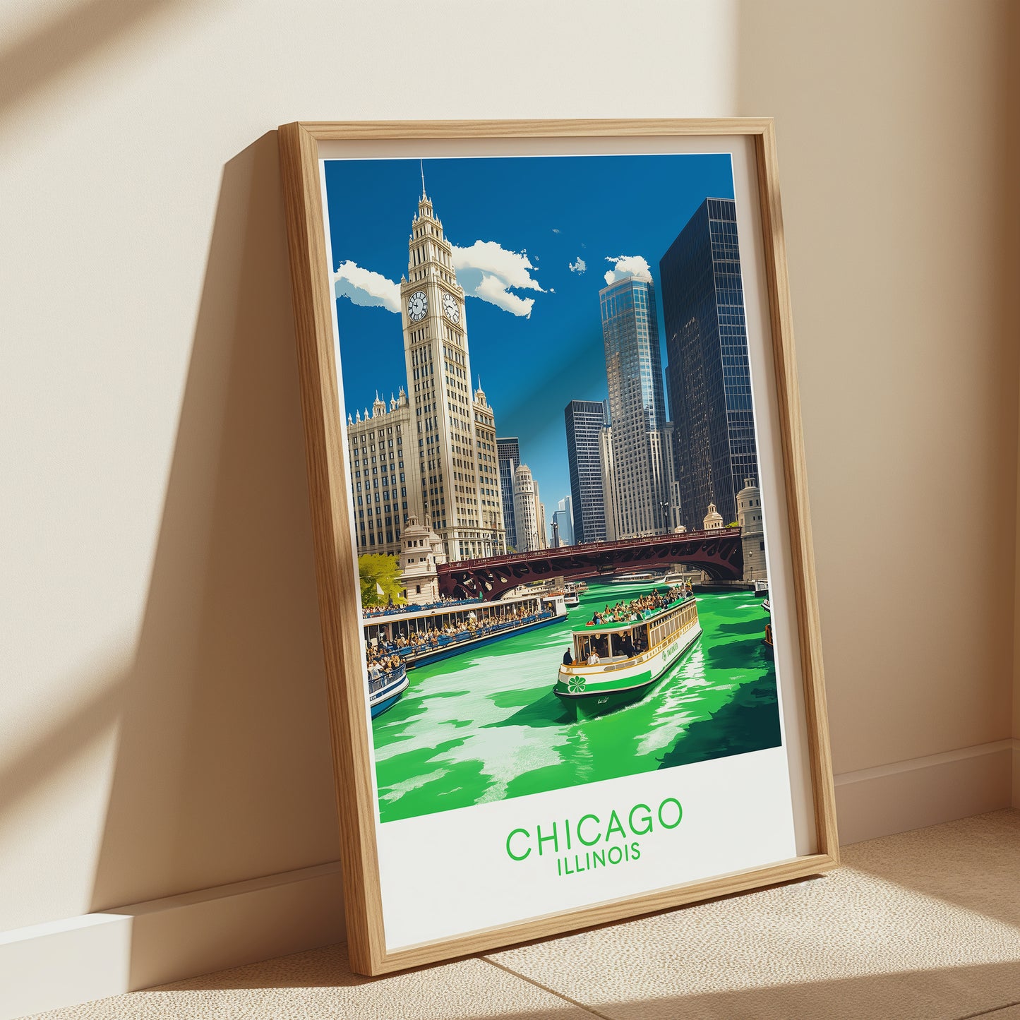 Chicago Green River St. Patrick’s Day Poster – Vintage Cityscape Wall Art Print