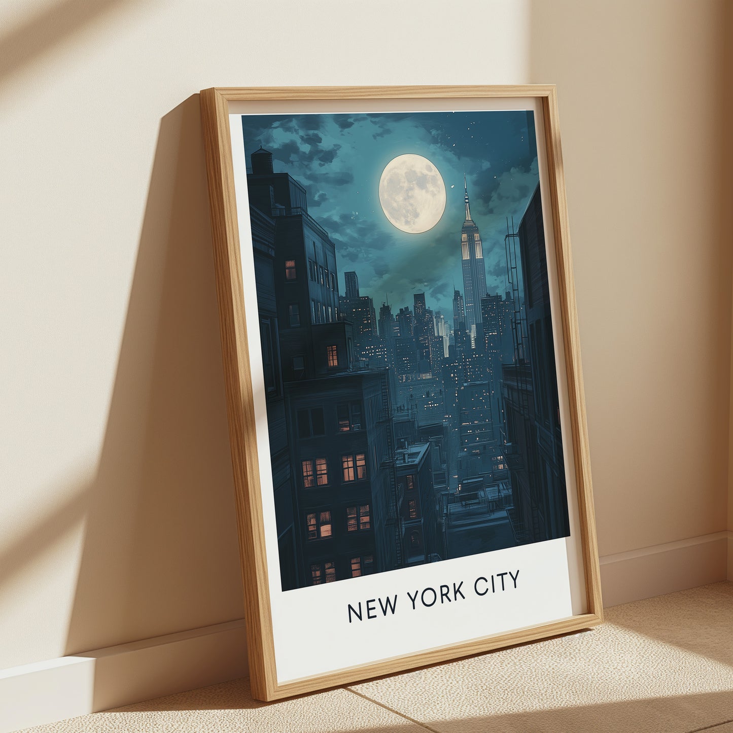 New York City Night Poster — Vintage Moonlit Skyline Wall Art for Urban & Travel Decor