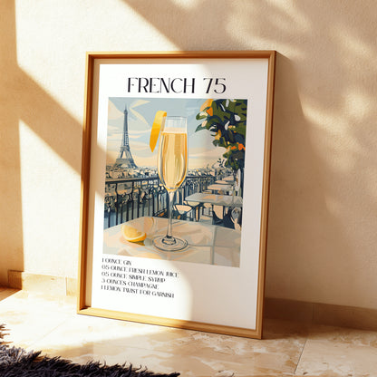 French 75 Cocktail Poster | Elegant Recipe Print for Home Bar Decor & Kitchen Art | Unique Gift for Cocktail Lovers