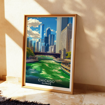 Chicago St. Patrick's Day Poster – Green Dyed River Vintage Cityscape Wall Art Print