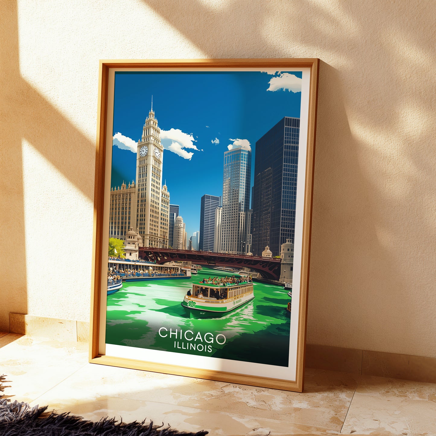 Chicago Green River St. Patrick's Day Travel Poster | Vintage Cityscape Wall Art Print