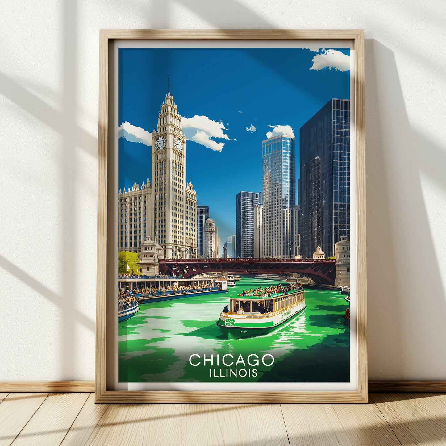 Chicago Green River St. Patrick's Day Travel Poster | Vintage Cityscape Wall Art Print