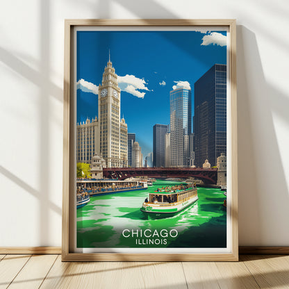 Chicago Green River St. Patrick's Day Travel Poster | Vintage Cityscape Wall Art Print
