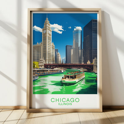Chicago Green River St. Patrick’s Day Poster – Vintage Cityscape Wall Art Print