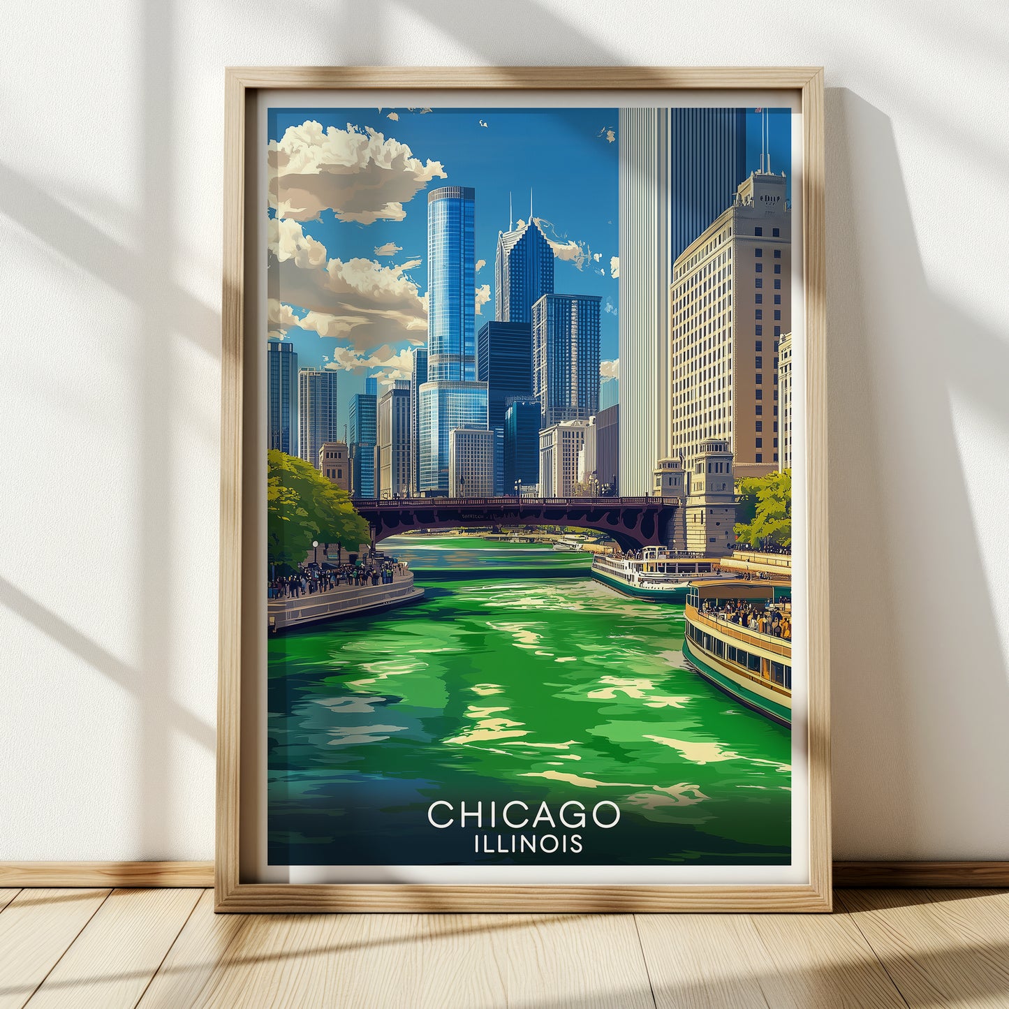 Chicago St. Patrick's Day Poster – Green Dyed River Vintage Cityscape Wall Art Print