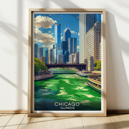 Chicago St. Patrick's Day Poster – Green Dyed River Vintage Cityscape Wall Art Print