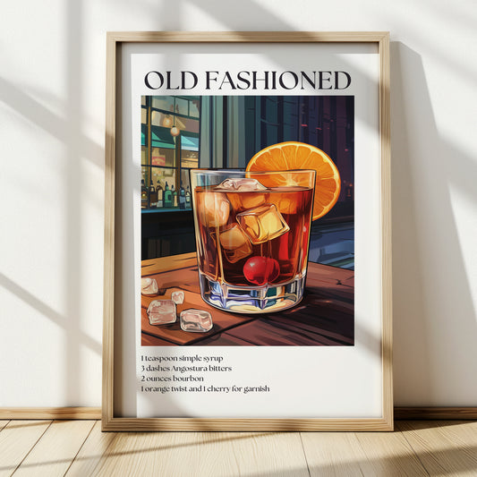 Old Fashioned Cocktail Poster — Classic Drink Recipe Wall Art Print for Bar & Kitchen