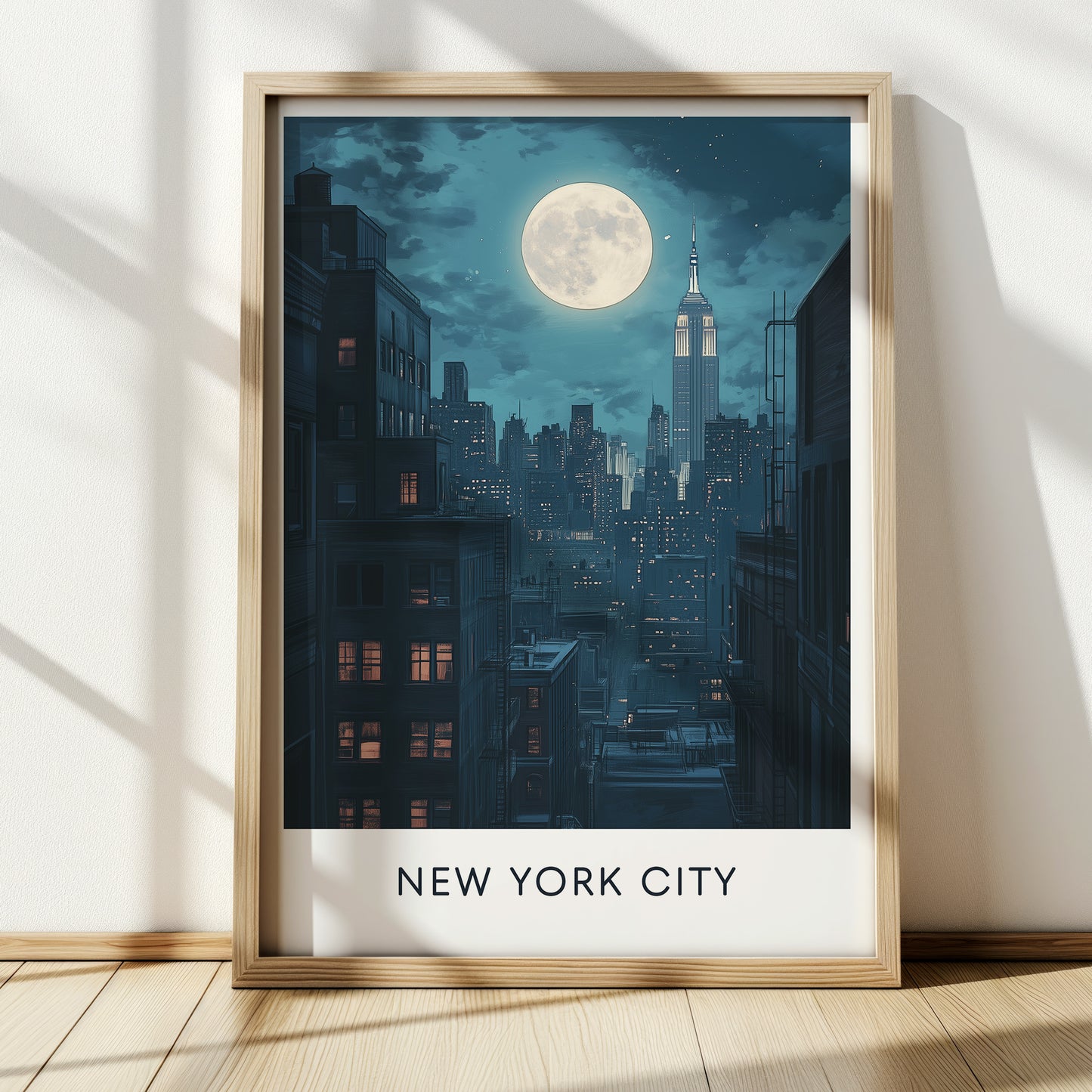 New York City Night Poster — Vintage Moonlit Skyline Wall Art for Urban & Travel Decor