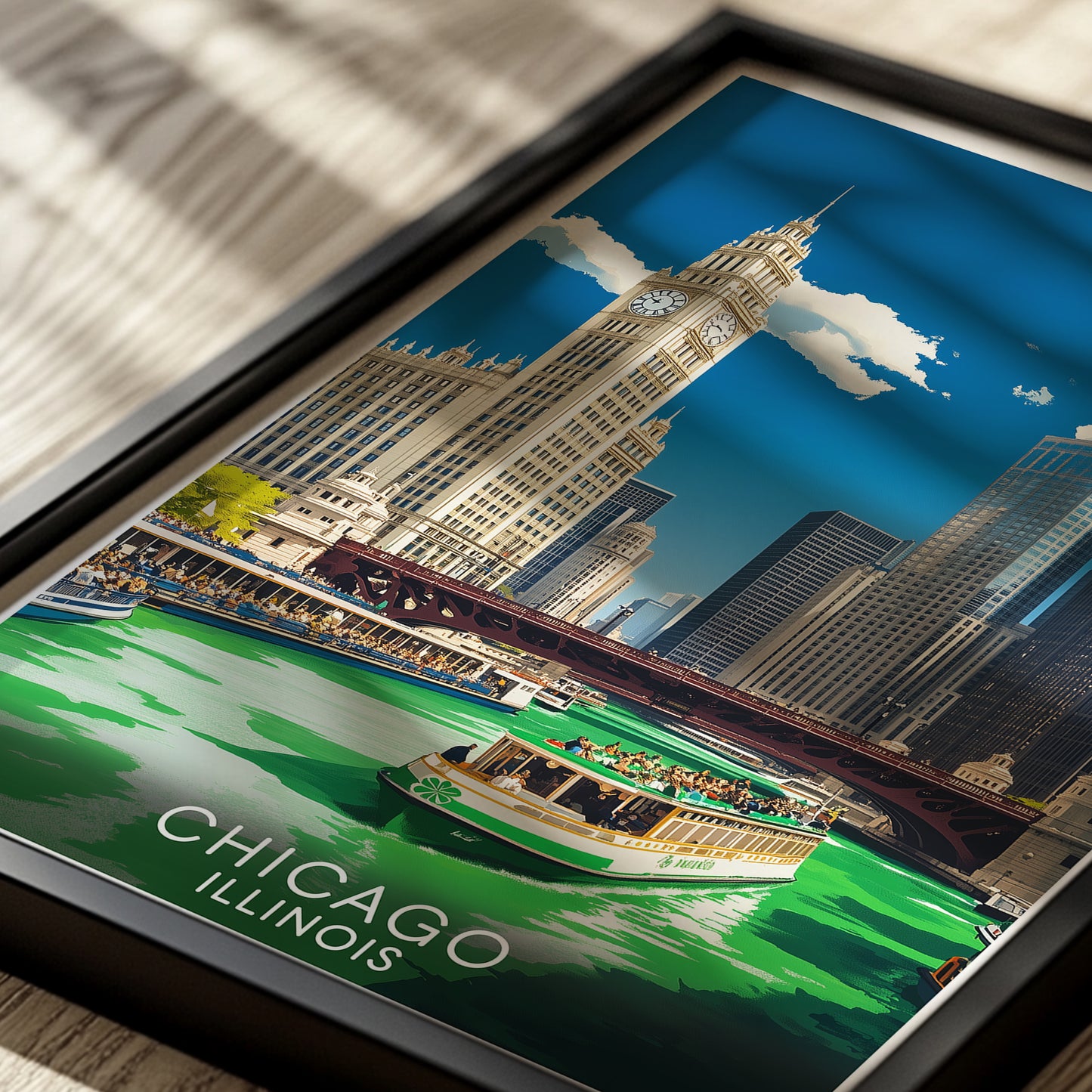 Chicago Green River St. Patrick's Day Travel Poster | Vintage Cityscape Wall Art Print
