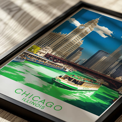 Chicago Green River St. Patrick’s Day Poster – Vintage Cityscape Wall Art Print