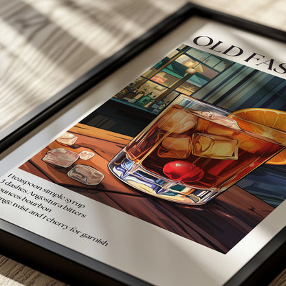 Old Fashioned Cocktail Poster — Classic Drink Recipe Wall Art Print for Bar & Kitchen