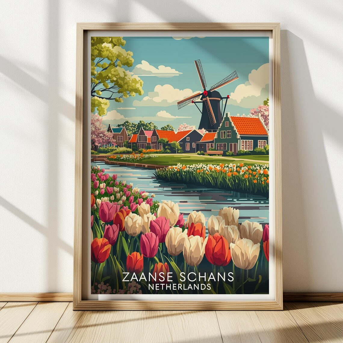 Zaanse Schans Travel Poster – Dutch Windmill & Tulip Field Art