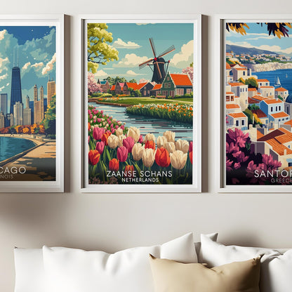 Zaanse Schans Travel Poster – Dutch Windmill & Tulip Field Art
