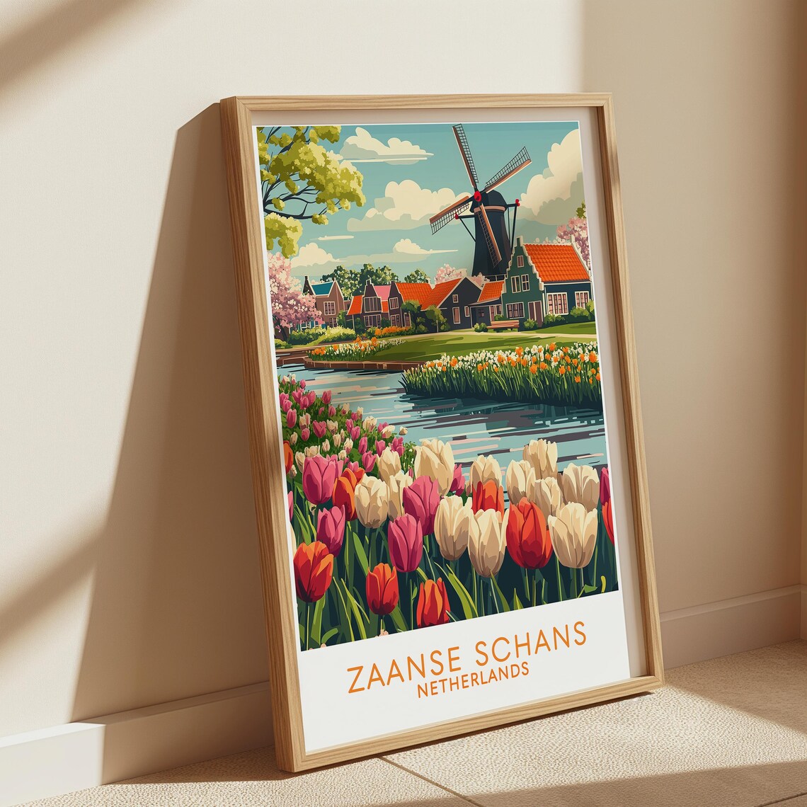 Zaanse Schans Travel Poster – Dutch Windmill & Tulip Field Art