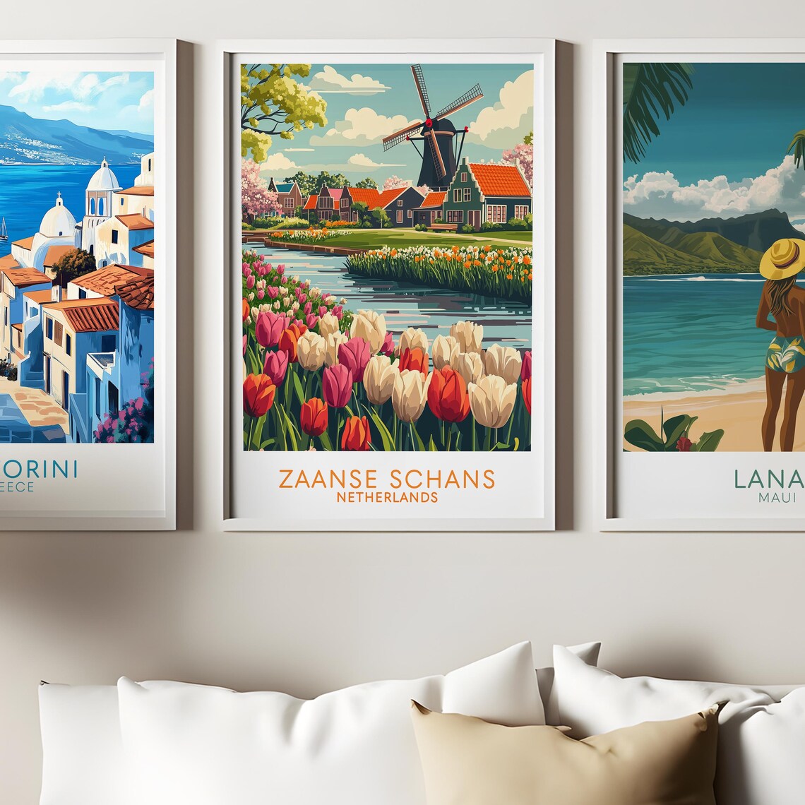 Zaanse Schans Travel Poster – Dutch Windmill & Tulip Field Art