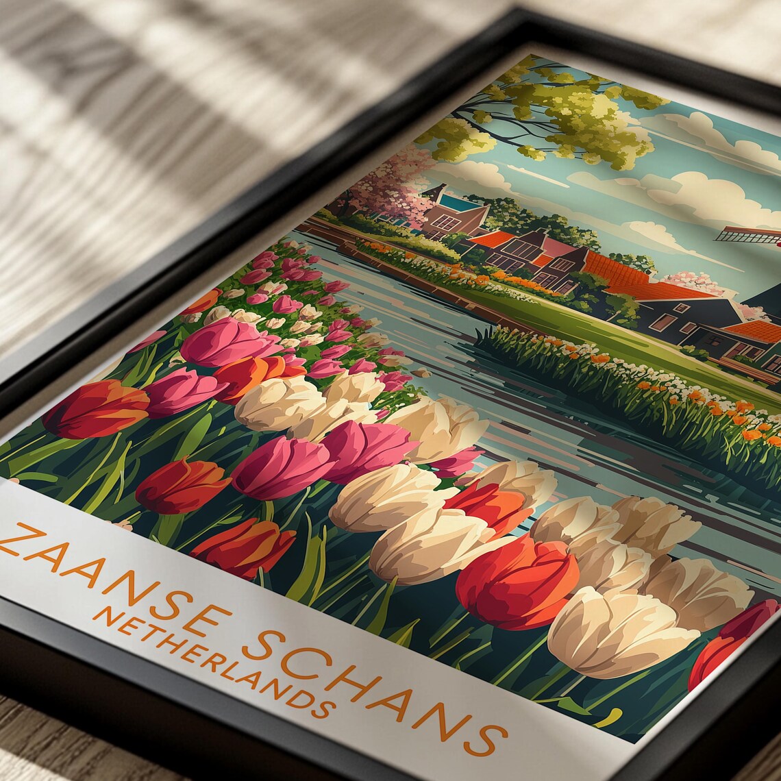 Zaanse Schans Travel Poster – Dutch Windmill & Tulip Field Art