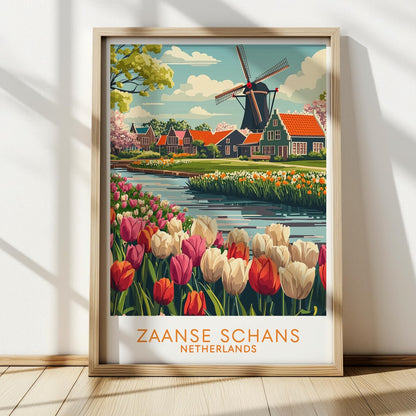 Zaanse Schans Travel Poster – Dutch Windmill & Tulip Field Art