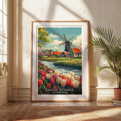 Zaanse Schans Travel Poster – Dutch Windmill & Tulip Field Art