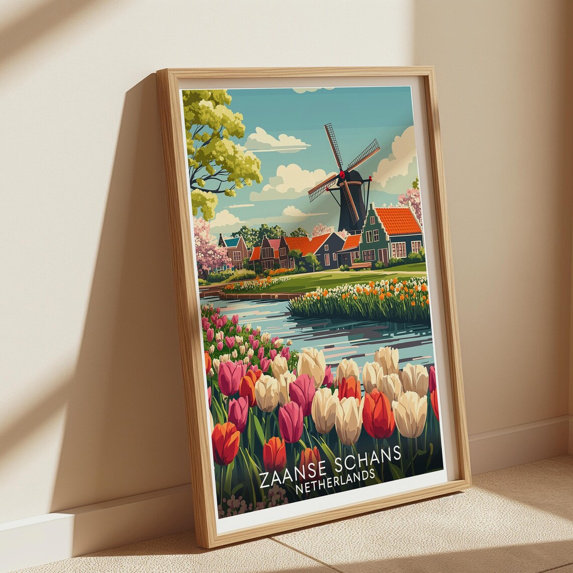 Zaanse Schans Travel Poster – Dutch Windmill & Tulip Field Art