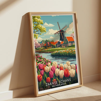 Zaanse Schans Travel Poster – Dutch Windmill & Tulip Field Art
